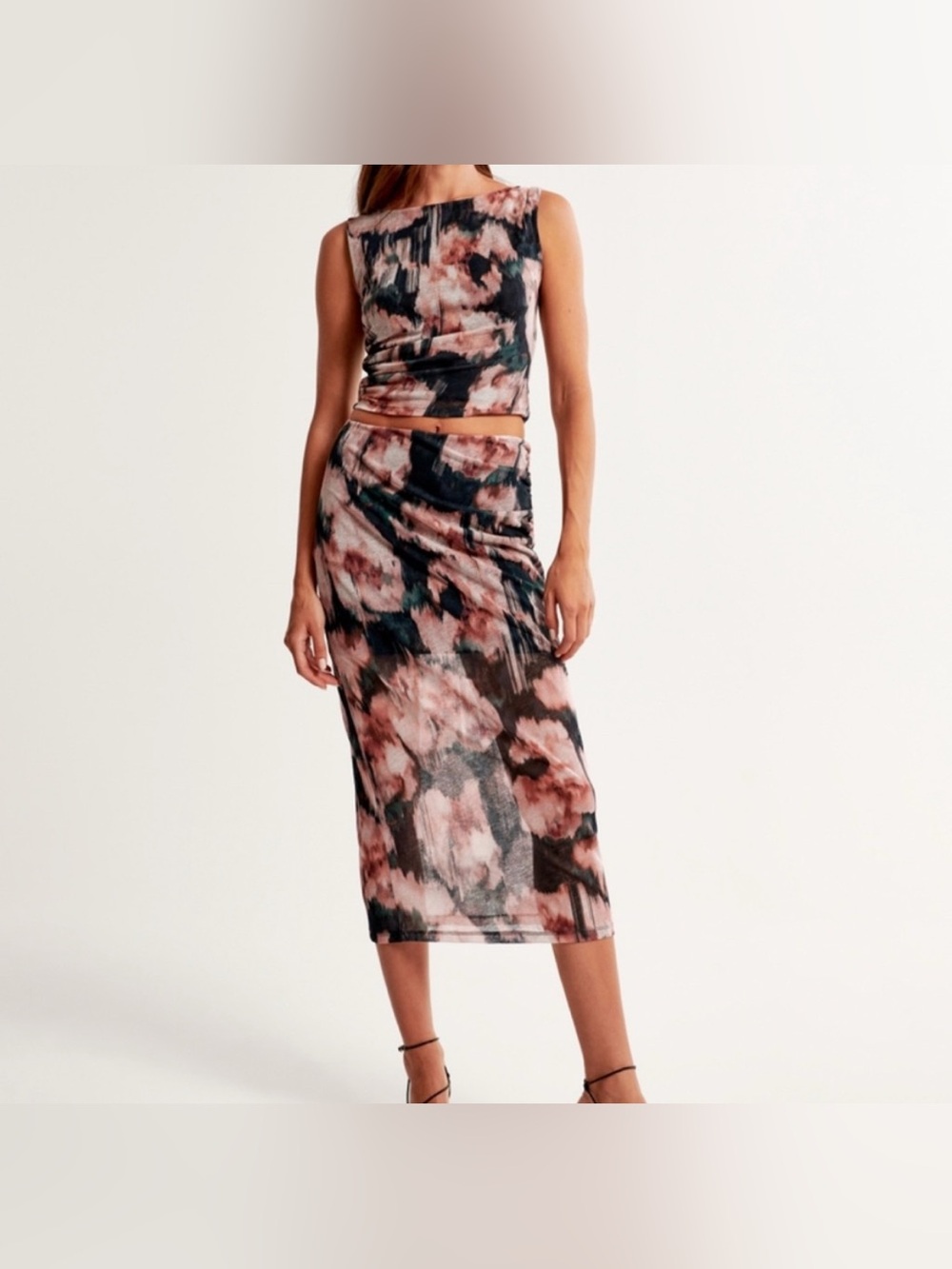 SET -Floral Mesh Top and Midi Skirt Set in Pink and Black